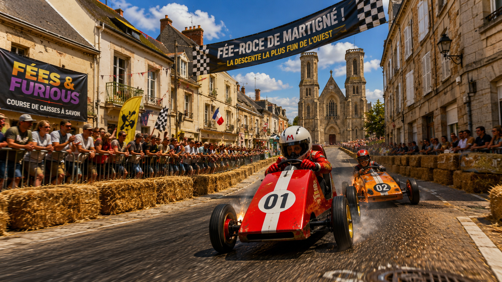 Fées & Furious — course de caisses à savon à Martigné-Ferchaud, bolides colorés en pleine descente